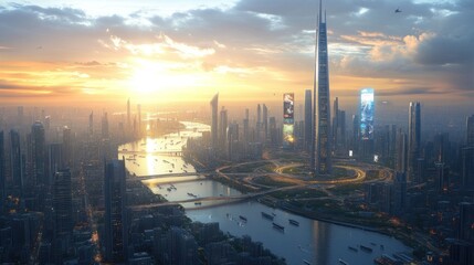 Futuristic Metropolis at Sunset: A breathtaking aerial view of a sprawling, technologically advanced city at sunset, showcasing a vibrant skyline and intricate infrastructure.