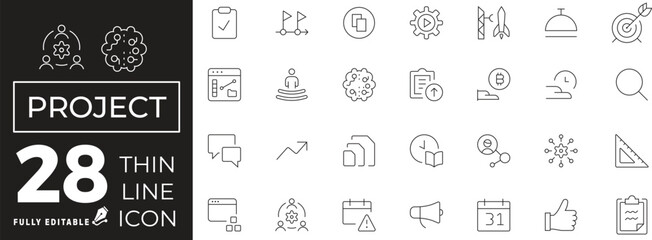 Project Icon set of web and mobile in thin line style. business Management Icons & Symbols Containing planning, project, startup, marketing, teamwork and more