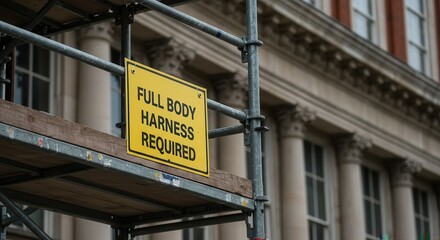 Naklejka premium Sign Warns Full Body Harness Required on Metal Scaffolding Structure