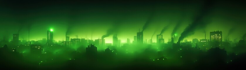 Fototapeta premium A dark, atmospheric cityscape shrouded in green hues and smoke, depicting industrial pollution and a dystopian environment.