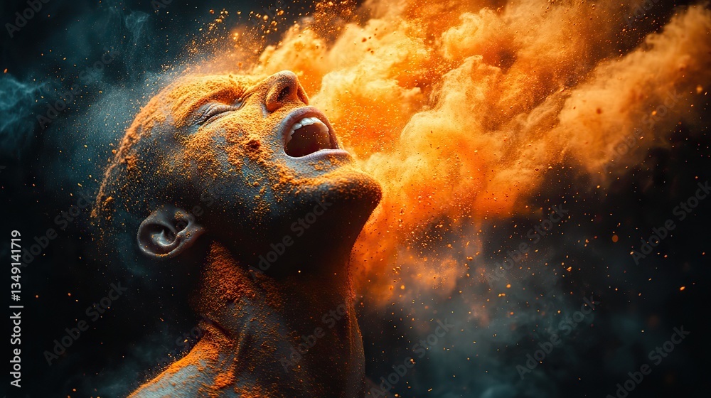 Wall mural screaming, a man with orange powder exploding from his head experiences information overload and str