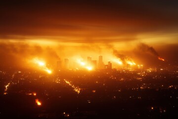 Fototapeta premium A dramatic cityscape engulfed in flames, highlighting the impact of fire on urban areas at dusk.