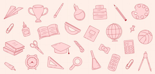 A set of hand-drawn school supplies icons. Education design coquette elements. Vector illustration.