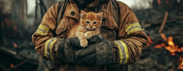 Brave Firefighter Cradles Kitten in Arm During Rescue Operation