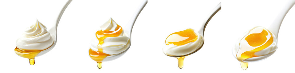 Close up image of a creamy orange flavored dessert or mousse dripping off the end of various spoons showcasing its rich smooth and fluffy texture