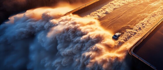 A stunning aerial view of a vehicle navigating through powerful, swirling water, with golden sunlight illuminating the scene.
