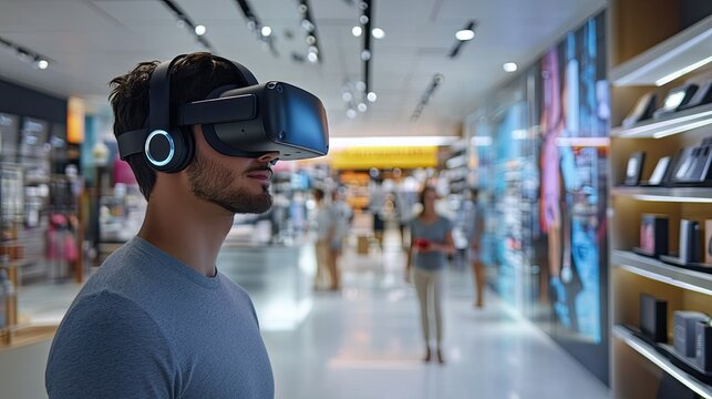 A young man experiencing virtual reality in a modern electronics store, surrounded by shelves of gadgets and shoppers in the background, showcasing the intersection of technology and retail