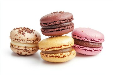 Fototapeta premium Close up of colorful stacked macarons isolated on white blackground confectionery sweet delight bakery culinary
