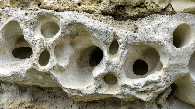 Intricate limestone formations reveal unique textures and natural holes in a rocky cliff during daylight