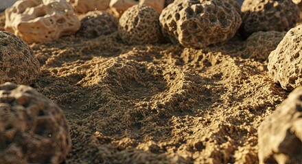 Fototapeta premium A pile of rocks is on a sandy surface