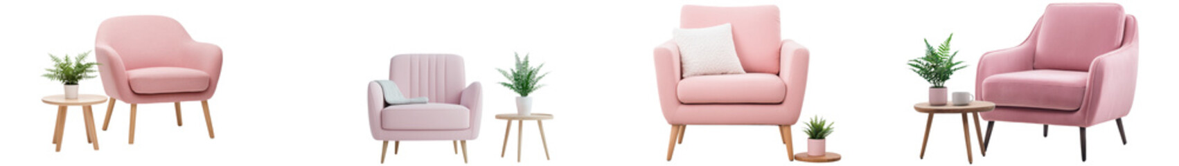 Obraz premium An assortment of chic pastel colored armchairs sofas and side tables arranged in a minimalist contemporary living room design