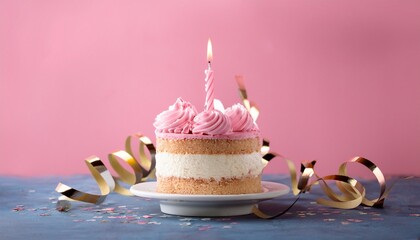 Festive Birthday Cake: A delectable, layered birthday cake adorned with pink frosting, a lit candle, and decorative streamers, set against a soft backdrop
