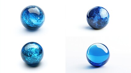 Four blue spheres, various textures, isolated.