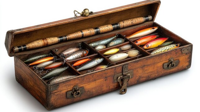 Antique Fishing Tackle Box with Vintage Lures and Rod