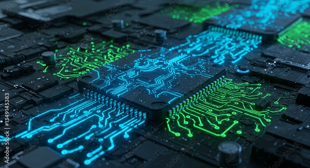 Poster a computer chip with green and blue lights on it