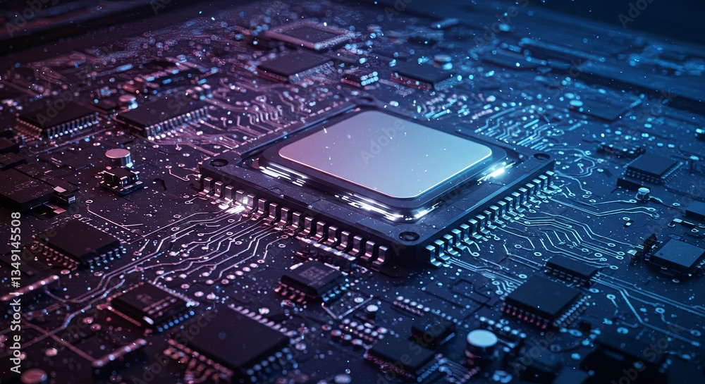 Poster a computer chip is shown in a blue and purple color scheme