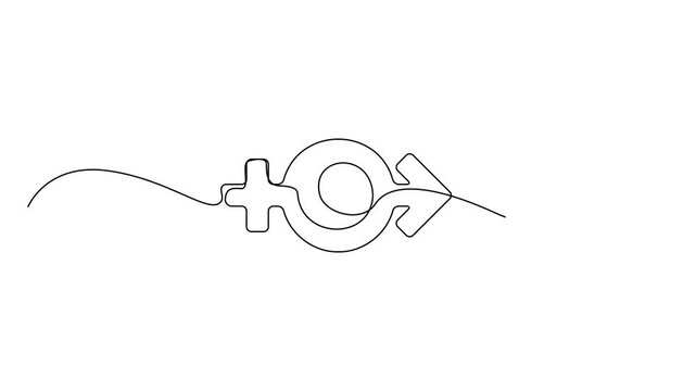 Continuous thin line gender drawing animation, minimalist male female rights draw, one line art sex symbol, outline balance sign, oneline venus and mars pictogram