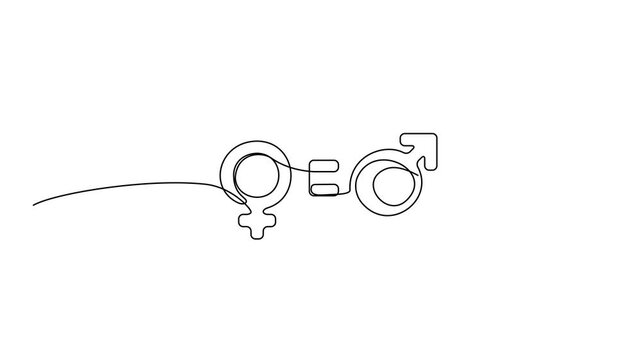 Continuous thin line gender drawing animation, minimalist male female rights draw, one line art sex symbol, outline balance sign, oneline venus and mars pictogram