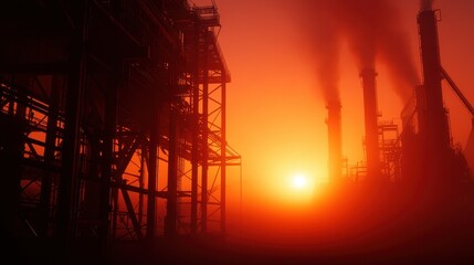 Obraz premium Silhouettes of industrial structures against a vibrant orange sunset with smoke rising, reflecting a stark urban landscape.