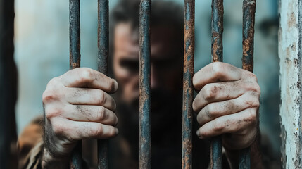 A man grips rusty prison bars with both hands, revealing a sense of desperation and confinement. The dim lighting creates a somber atmosphere, reflecting his struggle and hopelessness