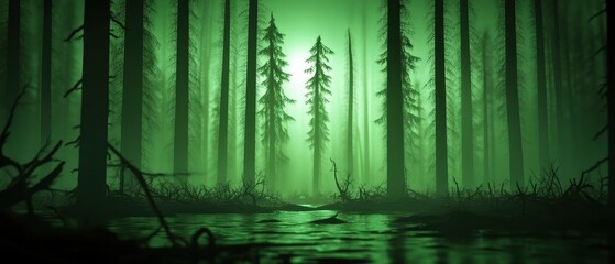 Obraz premium A mysterious forest scene bathed in green light, with tall trees and a reflective water surface, creating an eerie atmosphere.
