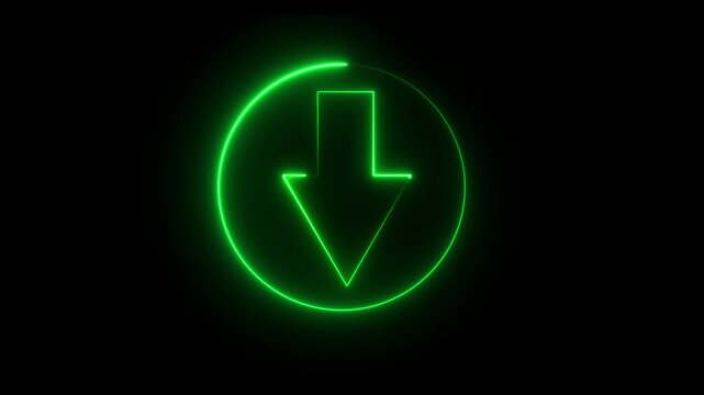The neon down arrow radiates a vivid glow in deep blue and purple hues. Its sleek design conveys direction and descent, symbolizing downward movement, choice, and the flow of information.