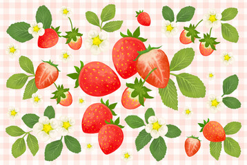 Strawberry Pattern Postcard with Pink Gingham Background