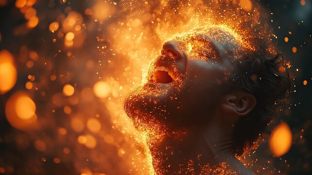 Stress, burnout, and information overload, a man shouts, mouth wide open, his head exploding with bright orange glitter and particles.