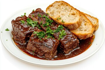 Delicious braised short ribs served with crusty bread on white plate elegant gourmet meal food style