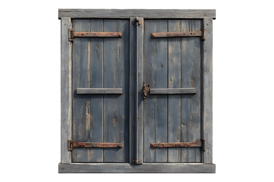 Rustic Wooden Window Shutters Isolated on White and Transparent Background PNG Image.