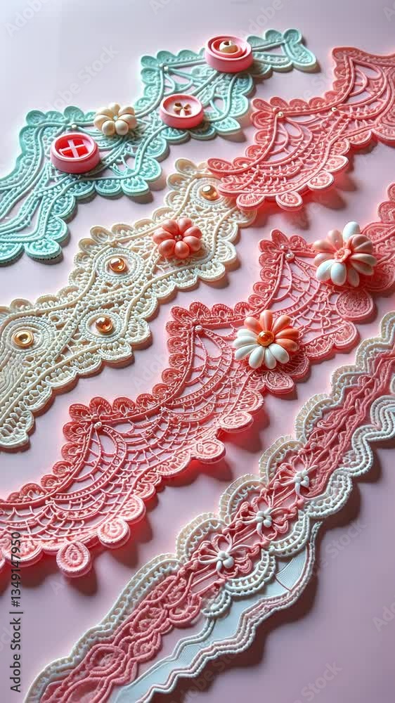 Poster A lace border with a white button in the middle is displayed on a pink background. The lace border is made of white and pink threads, and it has a delicate and intricate design