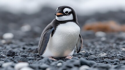 Cute Chinstrap penguin chick on beach.