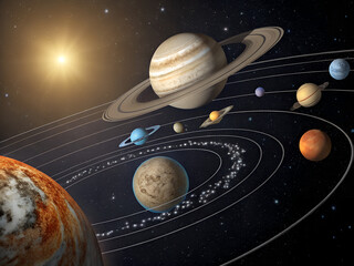 A digital representation of the solar system showing planets orbiting the sun