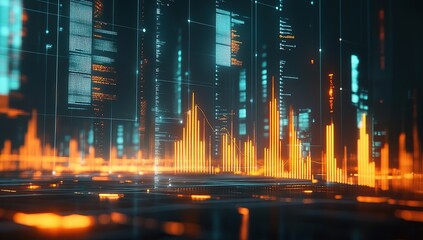 Obraz premium Futuristic Cityscape at Night with Glowing Neon Lights and Digital Data Streams