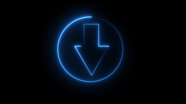 The neon down arrow radiates a vivid glow in deep blue and purple hues. Its sleek design conveys direction and descent, symbolizing downward movement, choice, and the flow of information.