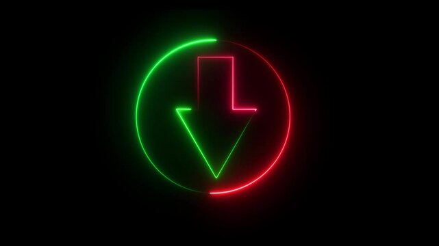 The neon down arrow radiates a vivid glow in deep blue and purple hues. Its sleek design conveys direction and descent, symbolizing downward movement, choice, and the flow of information.