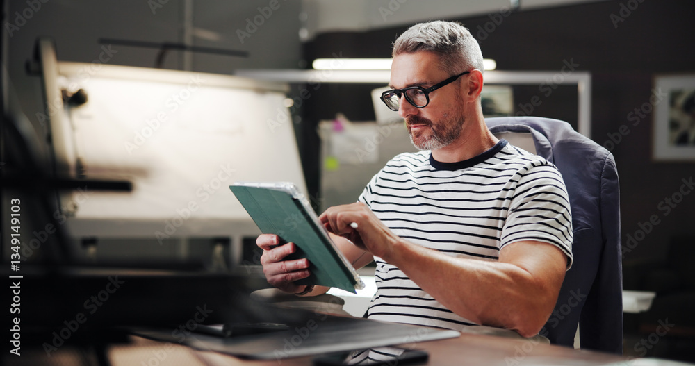 Poster Online, night and mature man with tablet, office and creative for web design with software or browsing. Overtime, graphic designer and person with glasses in business, deadline and tech for project