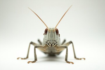 Fototapeta premium Detailed Closeup of Grasshopper Insect with Antennae on Clean White Backdrop