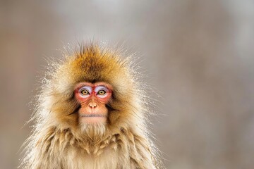 Fototapeta premium A Japanese macaque with messy hair and an exaggerated smile, looking at the camera from behind in front of blurred natural scenery. 