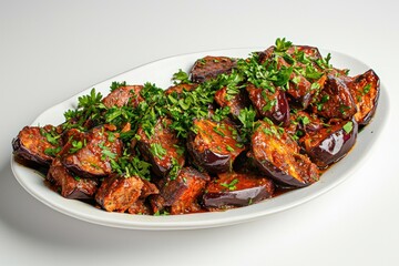 Fototapeta premium Authentic eggplant dish simmered in rich tomato sauce garnished with fresh parsley culinary delight flatlay