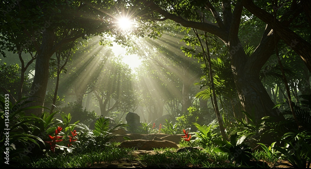Poster a forest with sunlight shining through the trees