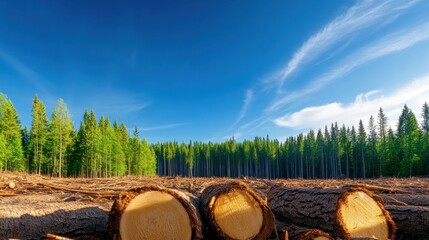 Obraz premium A serene landscape featuring freshly cut logs in a forest, framed by towering green trees under a clear blue sky.