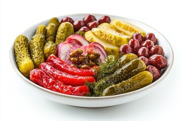Delectable assortment of pickled delights featuring gherkins peppers plums and onions on white setting