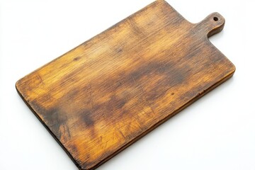 Fototapeta premium Rustic charm vintage worn wood cutting board on white surface captures natural texture and warm tones