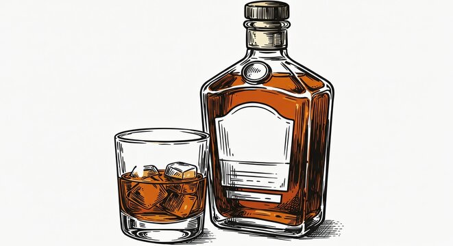 A bottle of liquor next to a glass of liquor