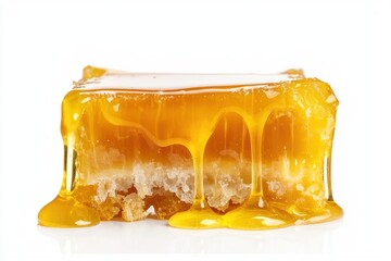 Cube of Honeycomb Drizzled with Sticky Honey Closeup Shot on White Backdrop for a Sweet Treat Presentation