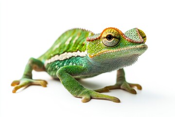 Close-up of a Green Chameleon on a White Background Studio Shot