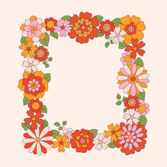 70s 60s retro groovy wreath of hippie daisy flowers. Floral square or rectangular frame on beige background. Hand drawn illustration border in vintage boho style