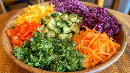 Colorful fresh salad with a variety of chopped vegetables on a wooden platter served at a casual dining setting
