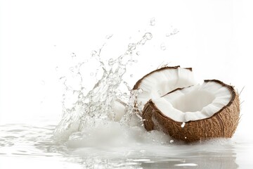 Coconut Splash Fresh Tropical Fruit with Water Splashing on White